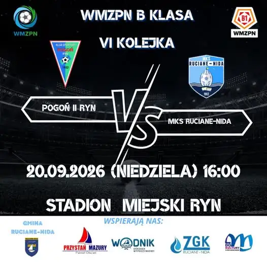 MKS Ruciane-Nida zagra na wyjeździe z rezerwami Pogoni Ryn w VI kolejce B Klasy