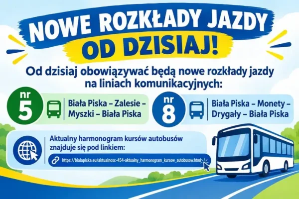 Nowe rozkłady jazdy autobusów w Białej Piskiej – linie 5 i 8